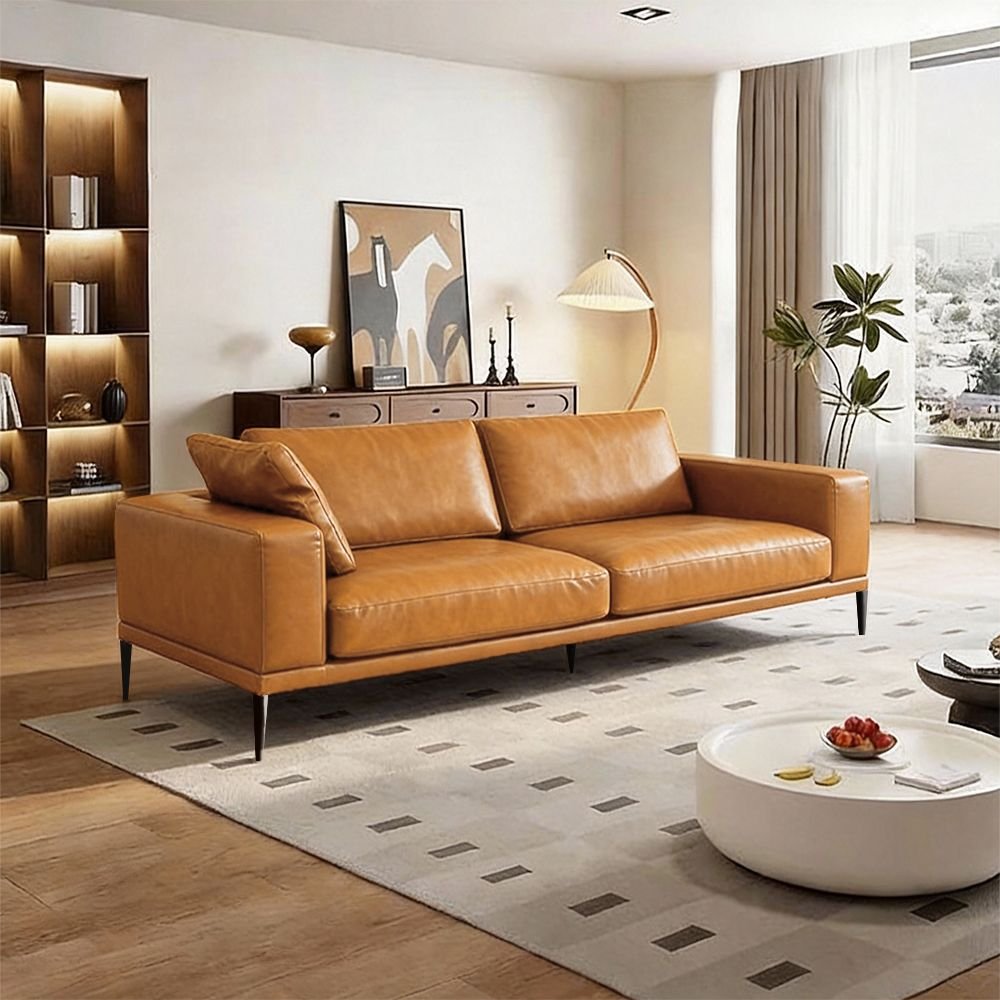 Arlo Modern Cognac 3-Seater Sofa | PU Leather, Solid Wood Frame &amp; Spring Suspension | Greenora Living Australia
