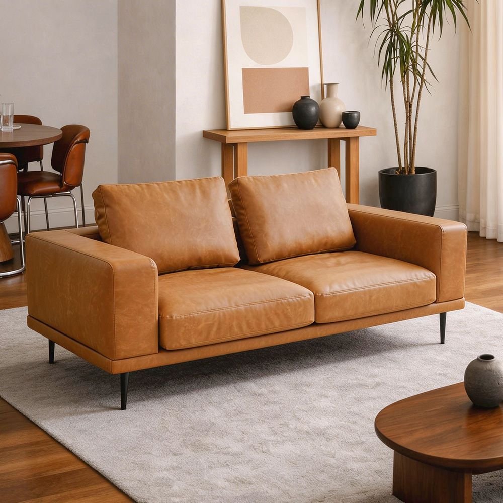Arlo Modern Cognac 3-Seater Sofa | PU Leather, Solid Wood Frame &amp; Spring Suspension | Greenora Living Australia