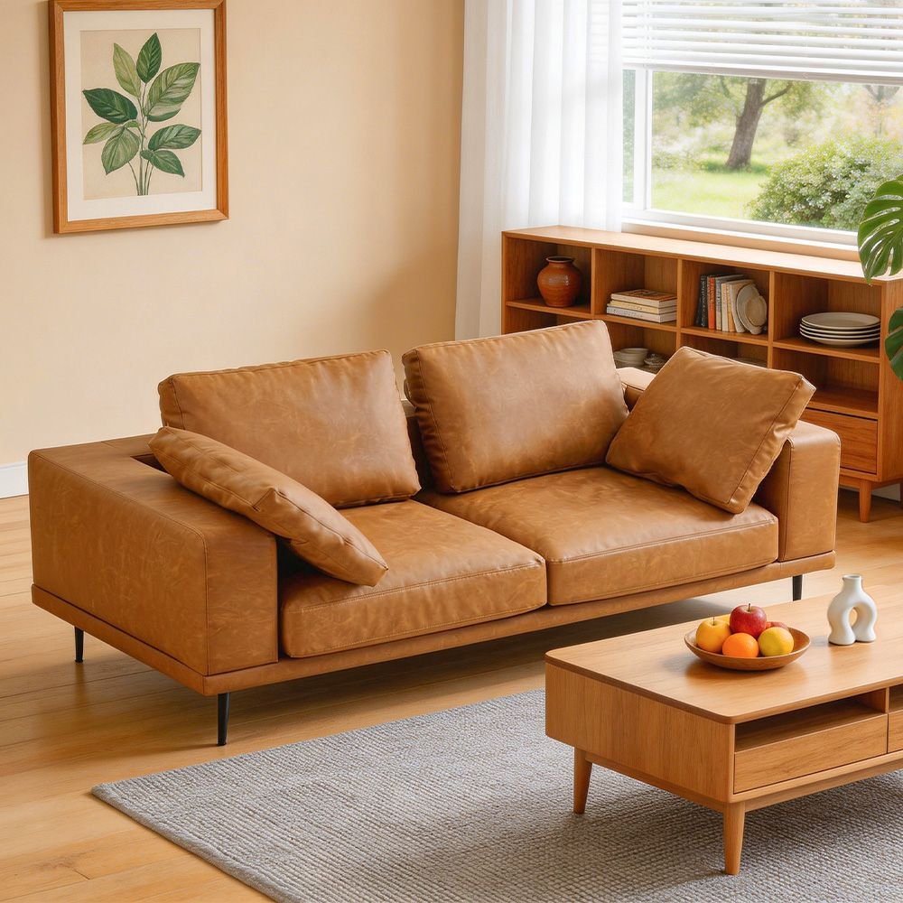 Arlo Modern Cognac 3-Seater Sofa | PU Leather, Solid Wood Frame &amp; Spring Suspension | Greenora Living Australia