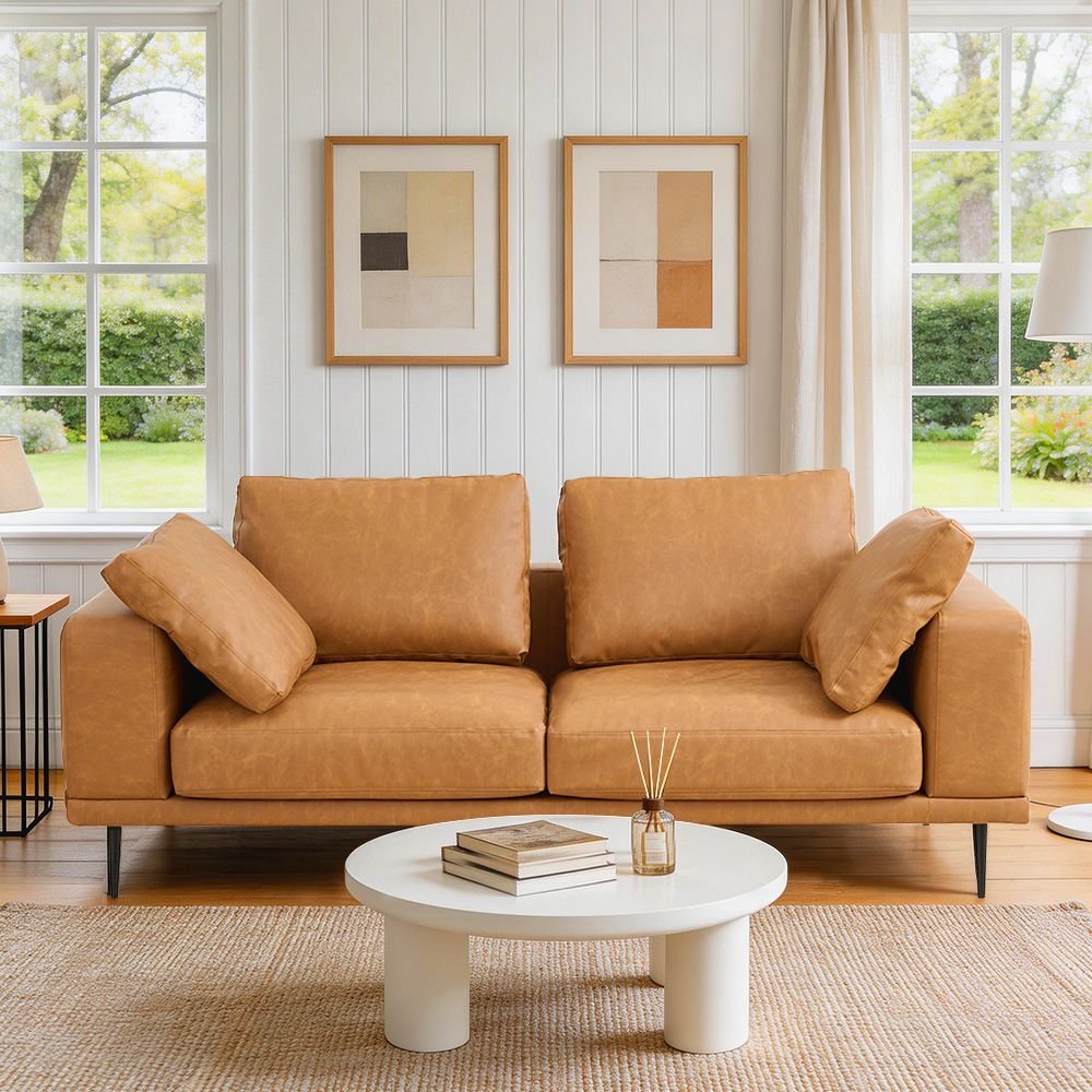 Arlo Modern Cognac 3-Seater Sofa | PU Leather, Solid Wood Frame &amp; Spring Suspension | Greenora Living Australia