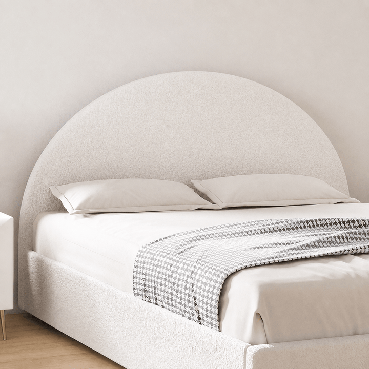 Ella Beige Boucle Queen Bed Frame – Gas Lift Storage, Padded Headboard