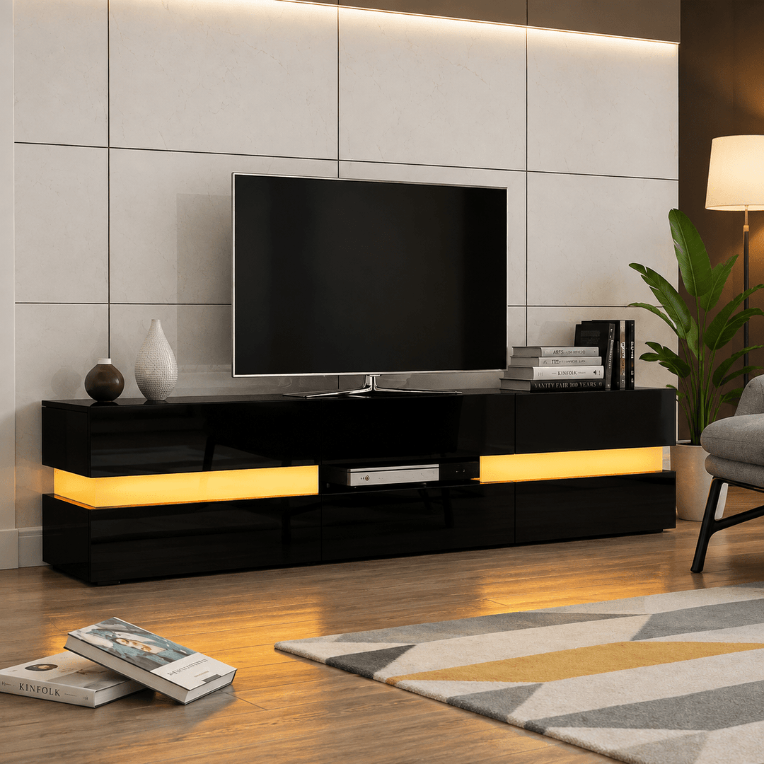 Noir Glow – 177cm High Gloss Black TV Unit – RGB LED Lighting & Storage