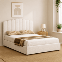 Fion Beige Boucle Double Bed Frame – Gas Lift Storage