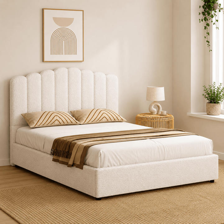Fion Beige Boucle Double Bed Frame – Gas Lift Storage