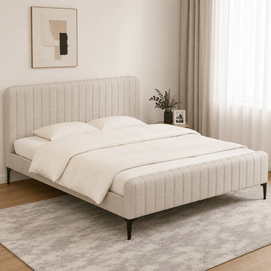 Ammy Beige Faux Linen King Bed Frame – High-Density Foam & Wooden Slats