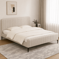 Ammy Beige Faux Linen King Bed Frame – High-Density Foam & Wooden Slats