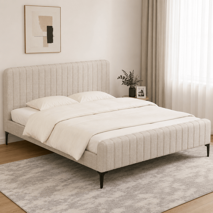 Ammy Beige Faux Linen King Bed Frame – High-Density Foam &amp; Wooden Slats