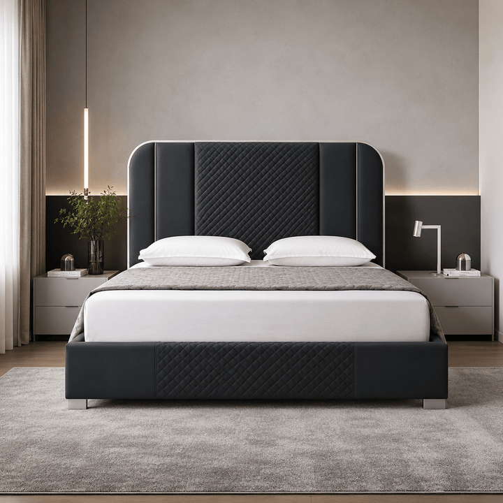 Halcyon Black Queen Bed Frame – Air Leather &amp; Quilted Headboard