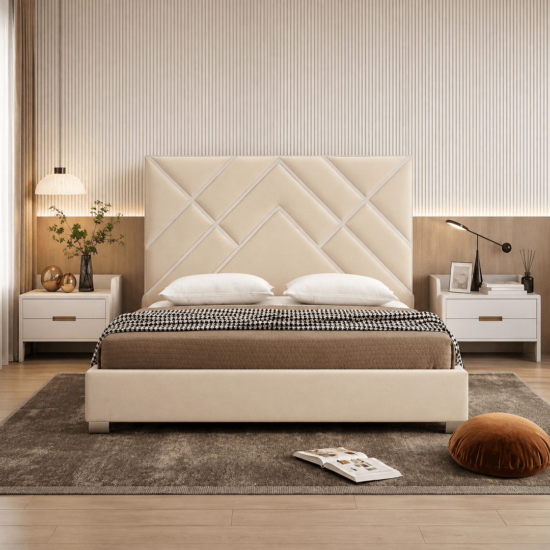 Matrix Beige King Bed Frame – Foam Quilted Headboard & Premium Fabric