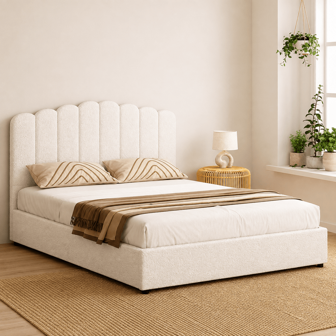 Fion Beige Boucle Queen Bed Frame – Gas Lift Storage