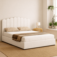 Fion Beige Boucle Queen Bed Frame – Gas Lift Storage