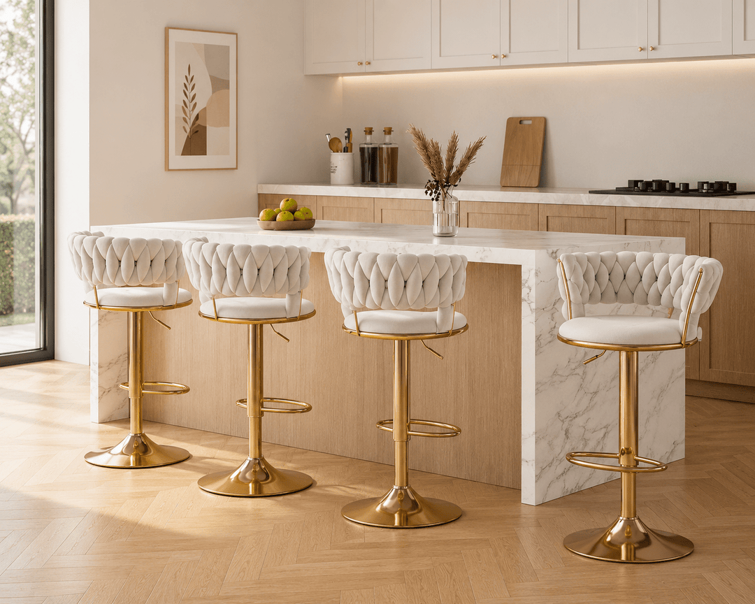 Ivory Clamshell Velvet Gas Lift Bar Stools (Set of 4)