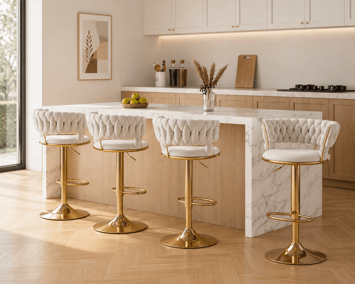 Ivory Clamshell Velvet Gas Lift Bar Stools (Set of 4)
