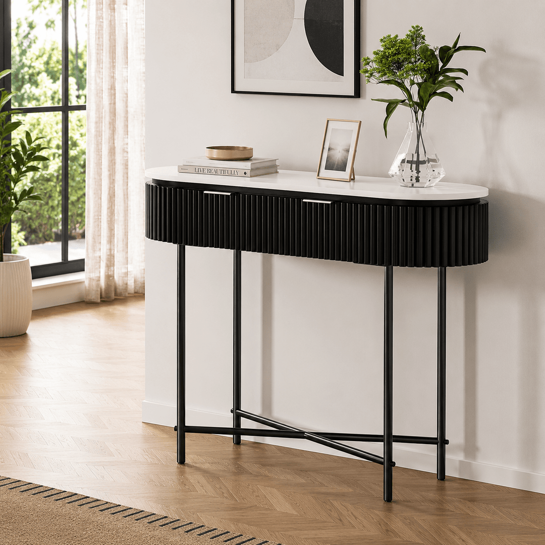 Reedline Console Table – 100cm, Reeded Paulownia Front, 2 Drawers & Metal Base