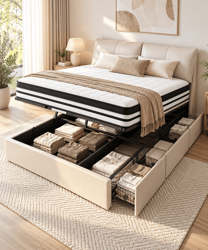 Atlas Queen Bed + Euro Top Mattress Package – Gas Lift Storage &amp; 3 Drawers