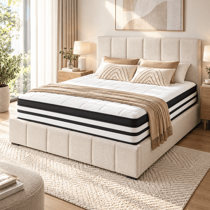Tette Beige Queen Bed + Euro Top Mattress Package – Gas Lift Storage &amp; Padded Headboard
