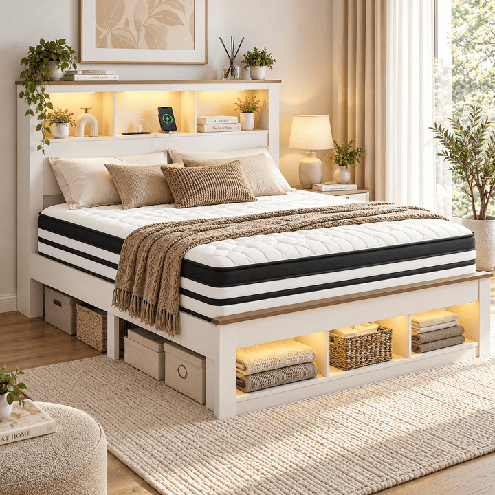 Lymes White Queen Bed + Euro Top Mattress Package – RGB LED, Bookcase Headboard &amp; USB Charging