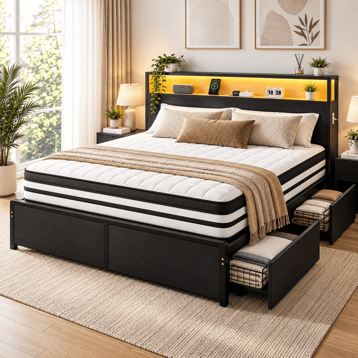 Sky Black Queen Bed + Euro Top Mattress Package – RGB LED, 4 Storage Drawers &amp; USB Charging