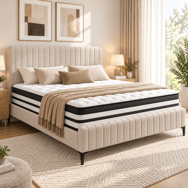 Ammy Beige King Bed + Euro Top Mattress Package – Faux Linen, High-Density Foam &amp; Wooden Slats