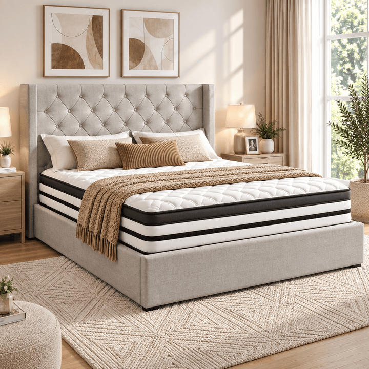 Veronica Grey King Bed + Euro Top Mattress Package – Upholstered Bed Frame