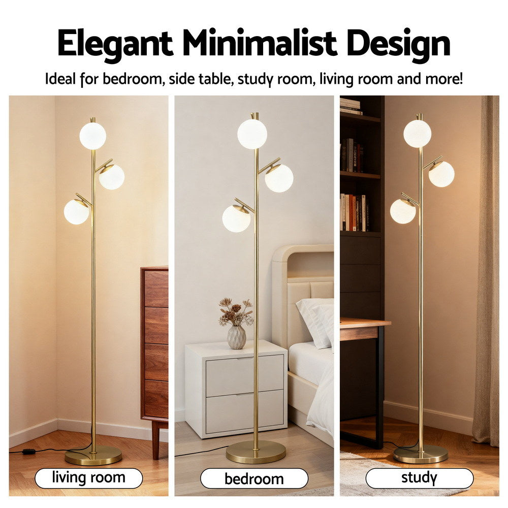 3-Light Tree Floor Lamp with Sphere Glass Shades – 165cm Gold - Greenora Living