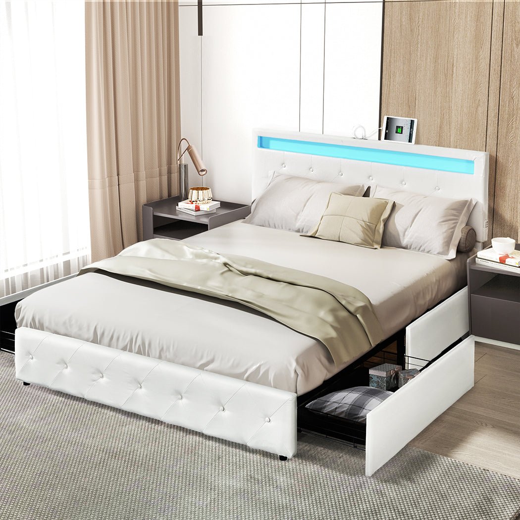 Crest Double Bed Frame | White PU Leather, RGB LED, 4 Storage Drawers &amp; USB Charging | Greenora Living Australia