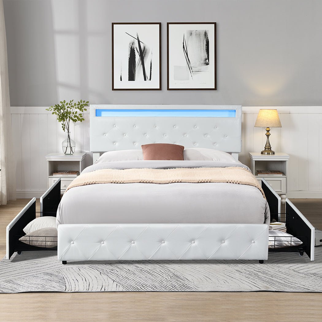 Crest Double Bed Frame | White PU Leather, RGB LED, 4 Storage Drawers & USB Charging | Greenora Living Australia
