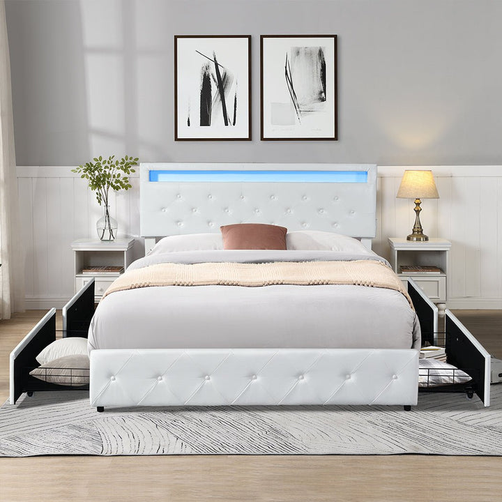 Crest Double Bed Frame | White PU Leather, RGB LED, 4 Storage Drawers &amp; USB Charging | Greenora Living Australia