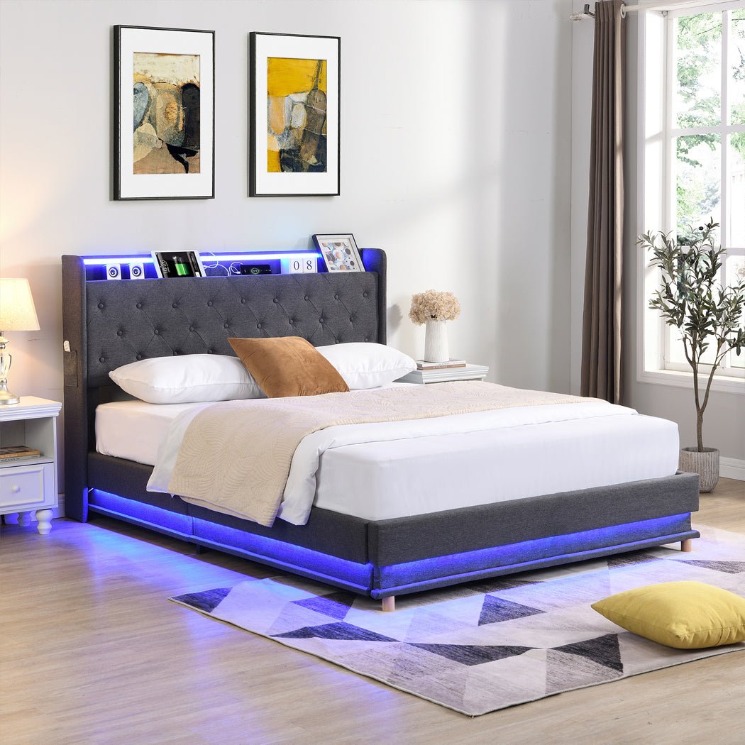 Nova King Bed Frame | Gas Lift Under-Bed Storage, LED Headboard, USB Charging & Side Pocket | Greenora Living Australia