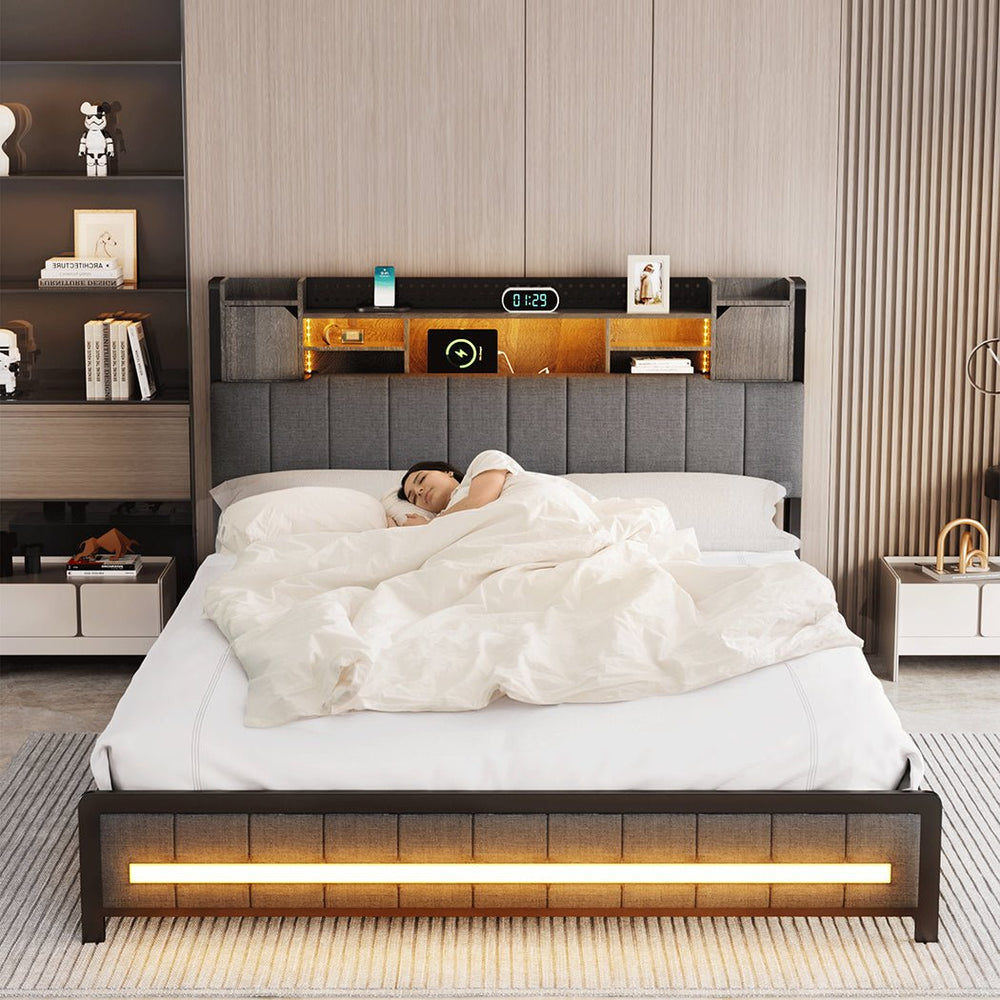 Aria Queen Bed Frame | Grey Linen | Storage Headboard & RGB LED | Greenora Living Australia