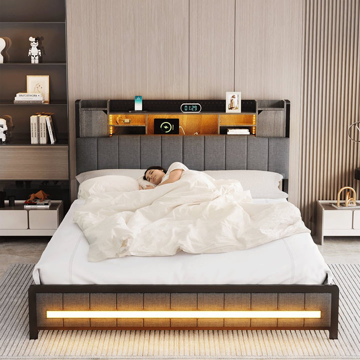 Aria Queen Bed Frame | Grey Linen | Storage Headboard &amp; RGB LED | Greenora Living Australia
