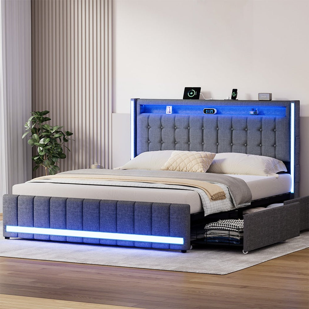 Haven King Bed Frame | Grey Linen, RGB LED, 4 Storage Drawers & USB Charging | Greenora Living Australia