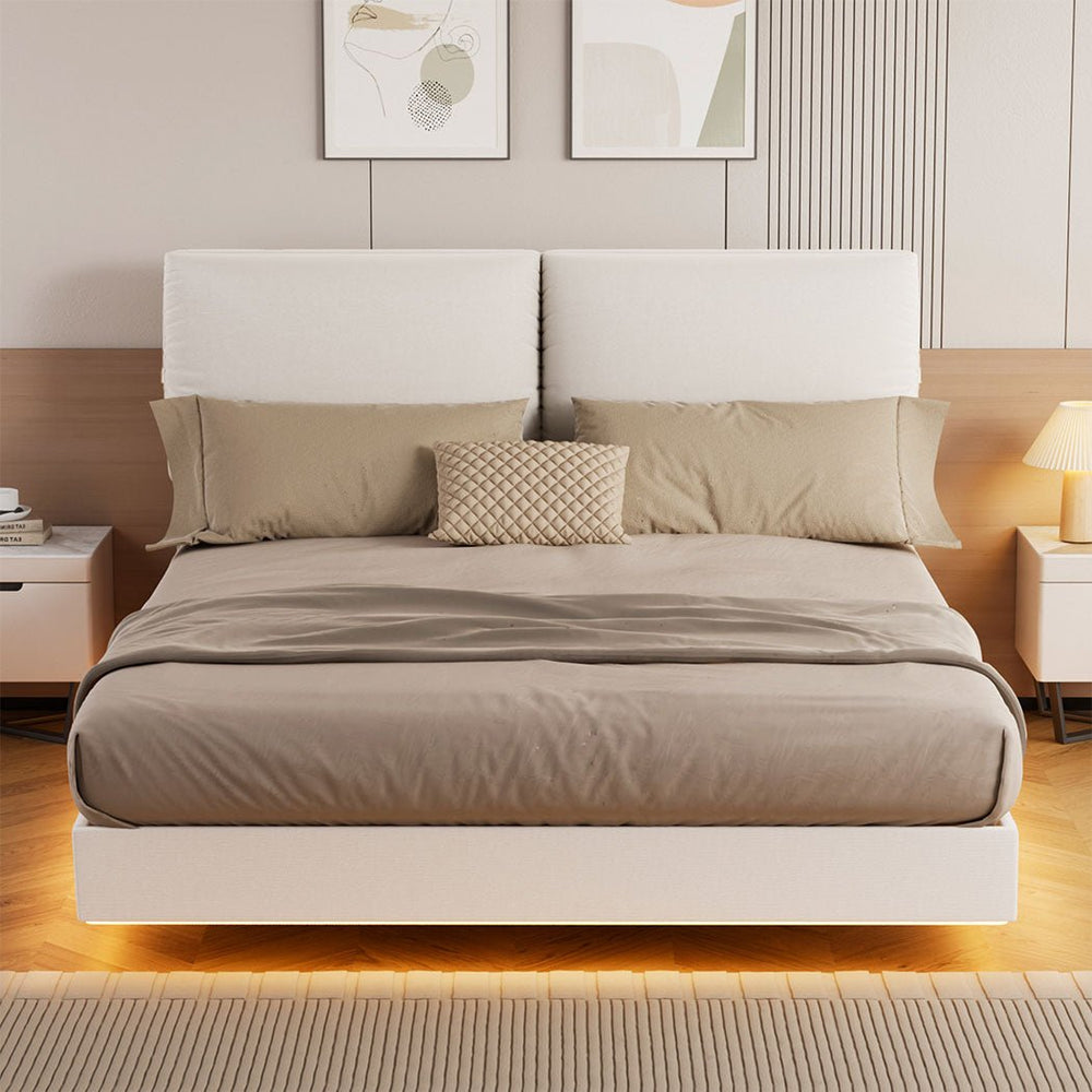 Luna Queen Floating Bed Frame | RGB LED, Tech Fabric, Adjustable Headboard & 300kg Capacity | Greenora Living Australia