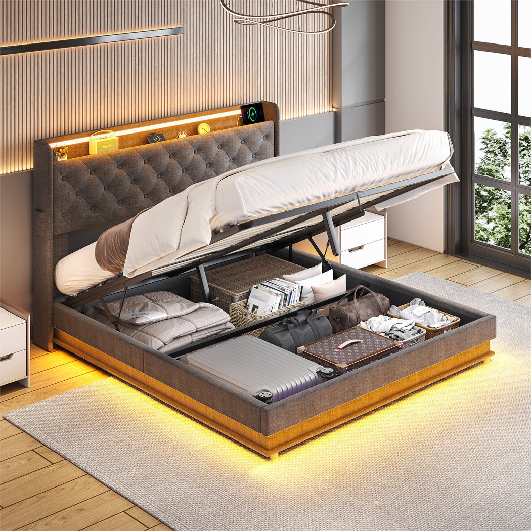 Nova Queen Bed Frame | Gas Lift Under-Bed Storage, LED Headboard, USB Charging &amp; Side Pocket | Greenora Living Australia