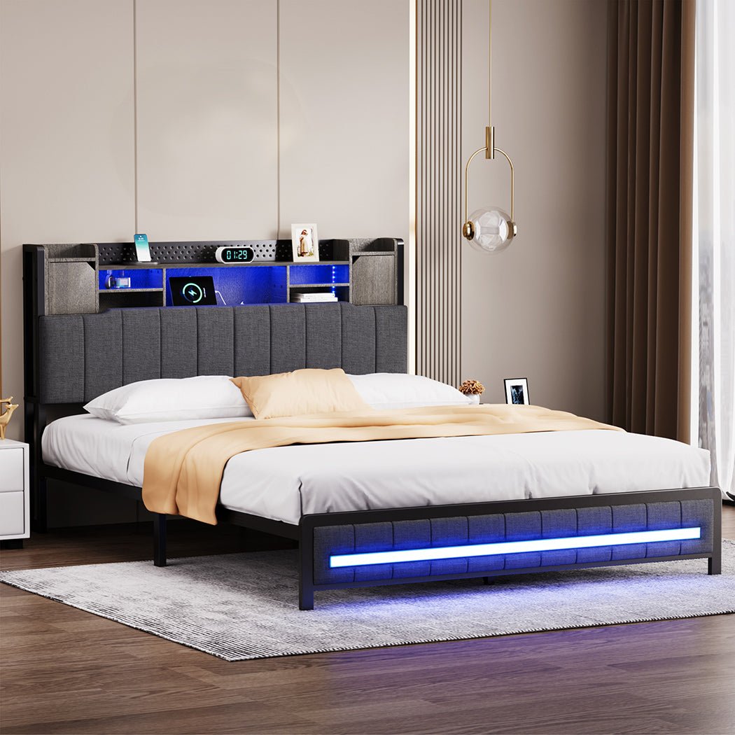 Aria Queen Bed Frame | Grey Linen | Storage Headboard & RGB LED | Greenora Living Australia