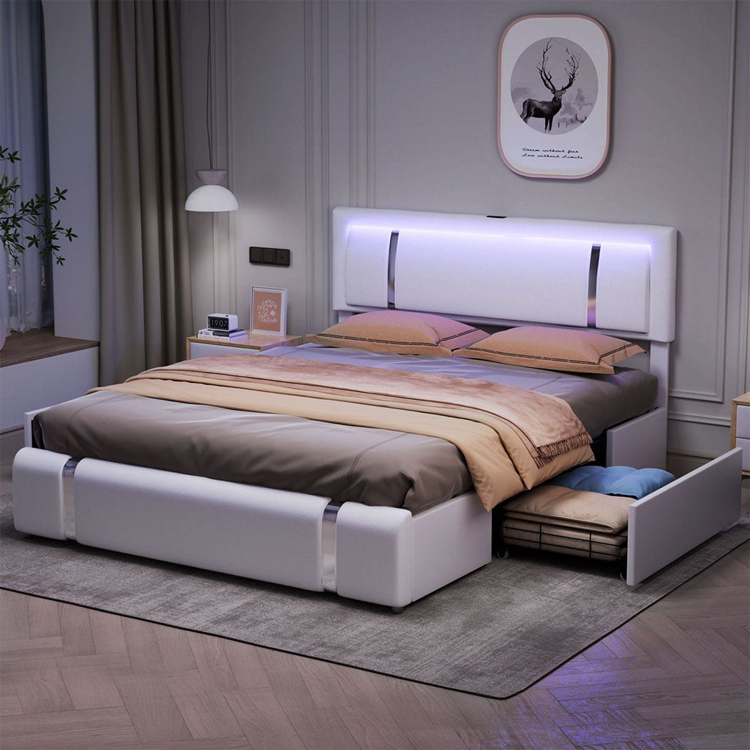 Aurora King Bed Frame | PU Leather, RGB LED, 2 Storage Drawers & USB Charging | Greenora Living Australia