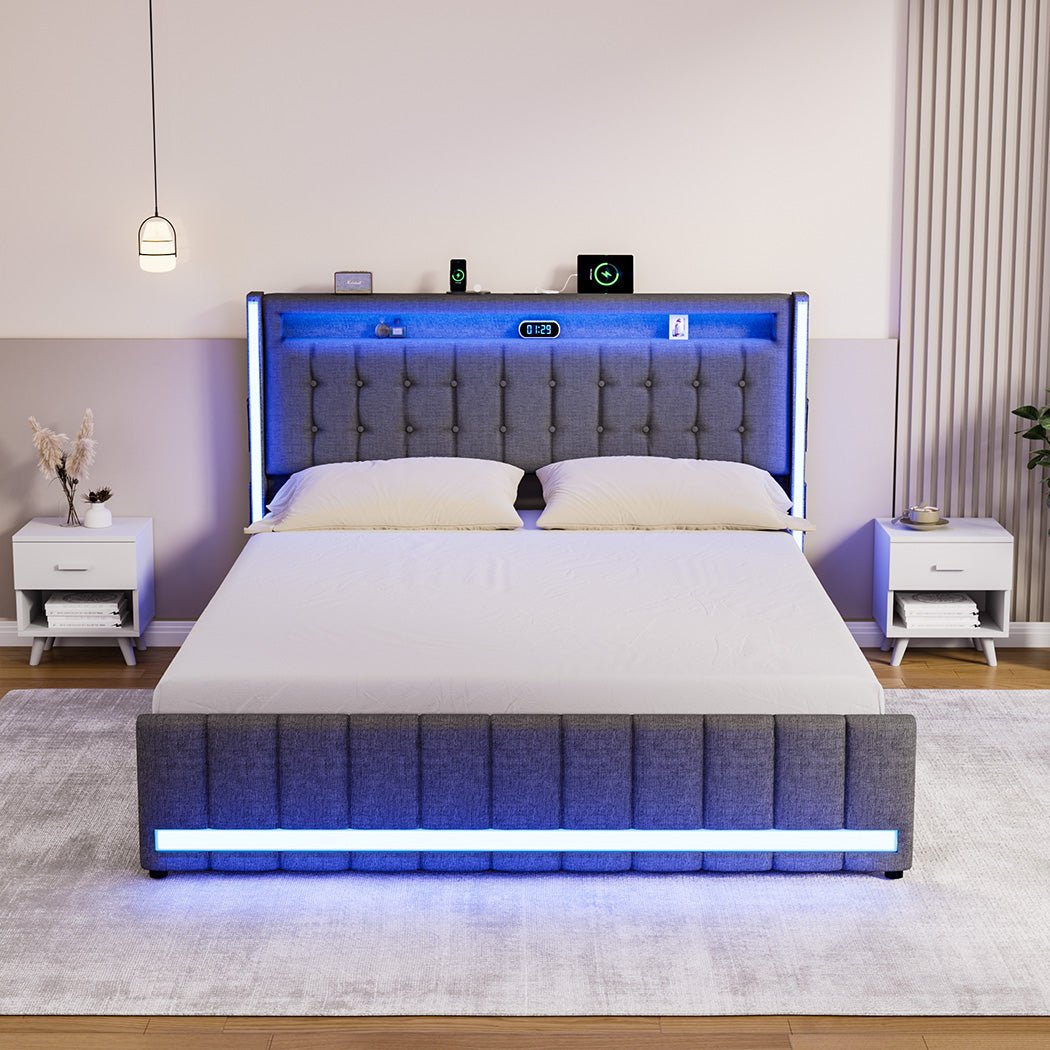 Haven King Bed Frame | Grey Linen, RGB LED, 4 Storage Drawers & USB Charging | Greenora Living Australia