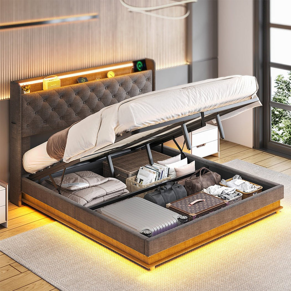 Nova King Bed Frame | Gas Lift Under-Bed Storage, LED Headboard, USB Charging & Side Pocket | Greenora Living Australia