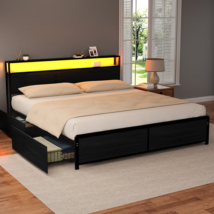 Sky Black King Metal Bed Frame with Storage, LED Lighting &amp; Charging Station | Greenora Living Australia