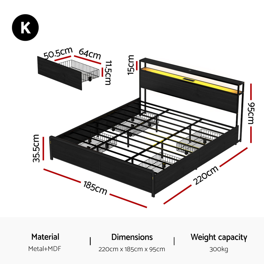 Sky Black King Metal Bed Frame with Storage, LED Lighting & Charging Station | Greenora Living Australia