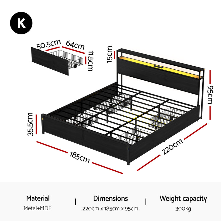 Sky Black King Metal Bed Frame with Storage, LED Lighting &amp; Charging Station | Greenora Living Australia