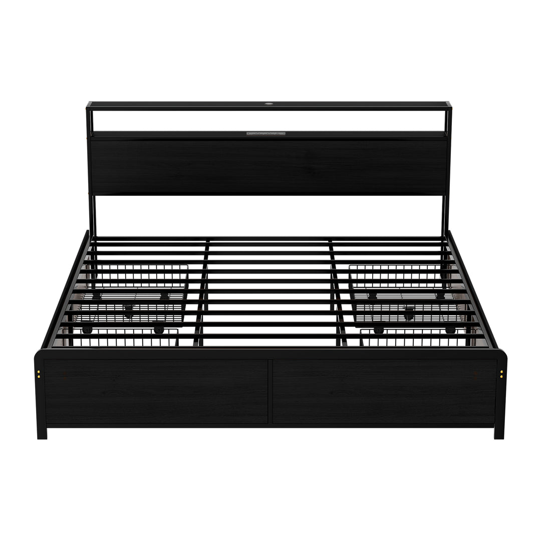 Sky Black King Metal Bed Frame with Storage, LED Lighting &amp; Charging Station | Greenora Living Australia