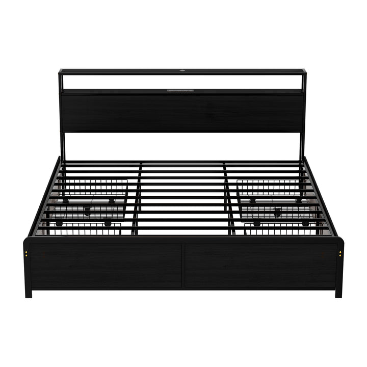 Sky Black King Metal Bed Frame with Storage, LED Lighting &amp; Charging Station | Greenora Living Australia