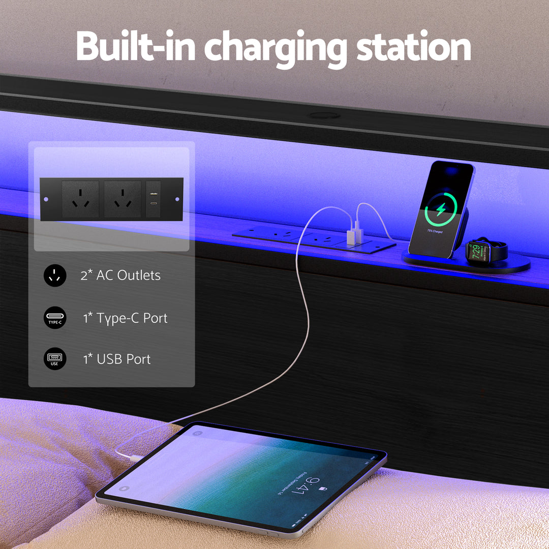 Sky Black King Metal Bed Frame with Storage, LED Lighting &amp; Charging Station | Greenora Living Australia