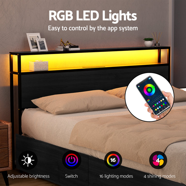 Sky Black King Metal Bed Frame with Storage, LED Lighting &amp; Charging Station | Greenora Living Australia