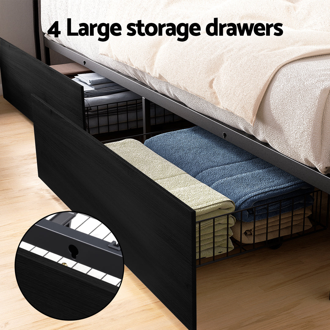 Sky Black King Metal Bed Frame with Storage, LED Lighting &amp; Charging Station | Greenora Living Australia