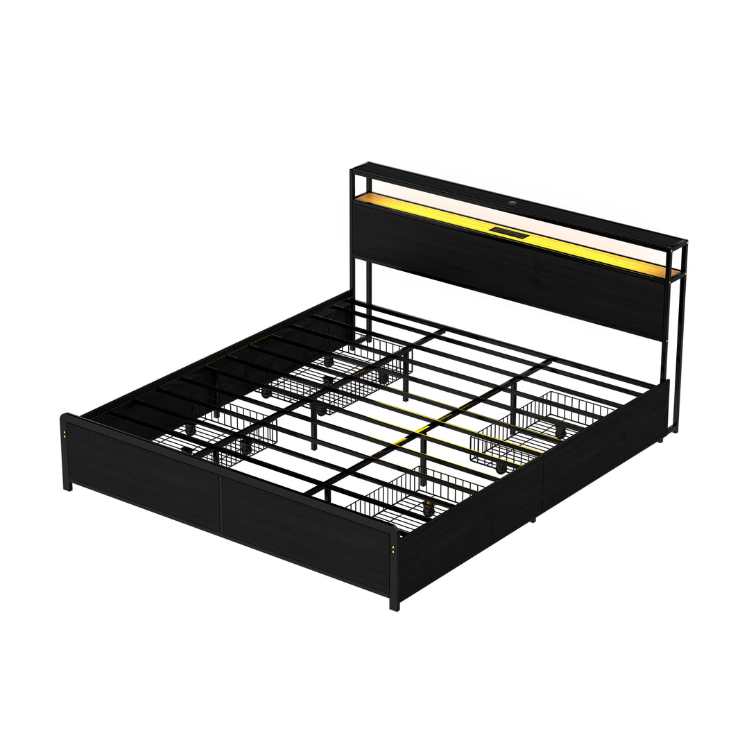 Sky Black King Metal Bed Frame with Storage, LED Lighting &amp; Charging Station | Greenora Living Australia