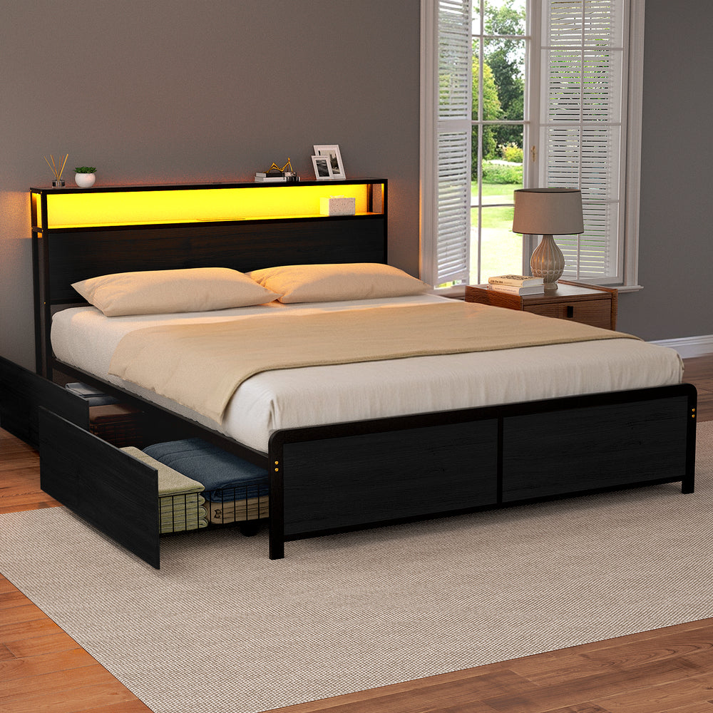 Sky Black Queen Metal Bed Frame – 4 Storage Drawers | RGB LED | Built-In USB Charging | 300kg - Greenora Living