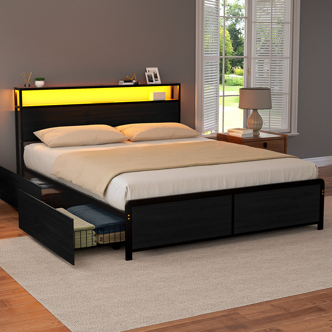Sky Black Queen Metal Bed Frame – 4 Storage Drawers | RGB LED | Built-In USB Charging | 300kg - Greenora Living