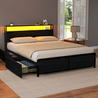 Sky Black Queen Metal Bed Frame – 4 Storage Drawers | RGB LED | Built-In USB Charging | 300kg - Greenora Living